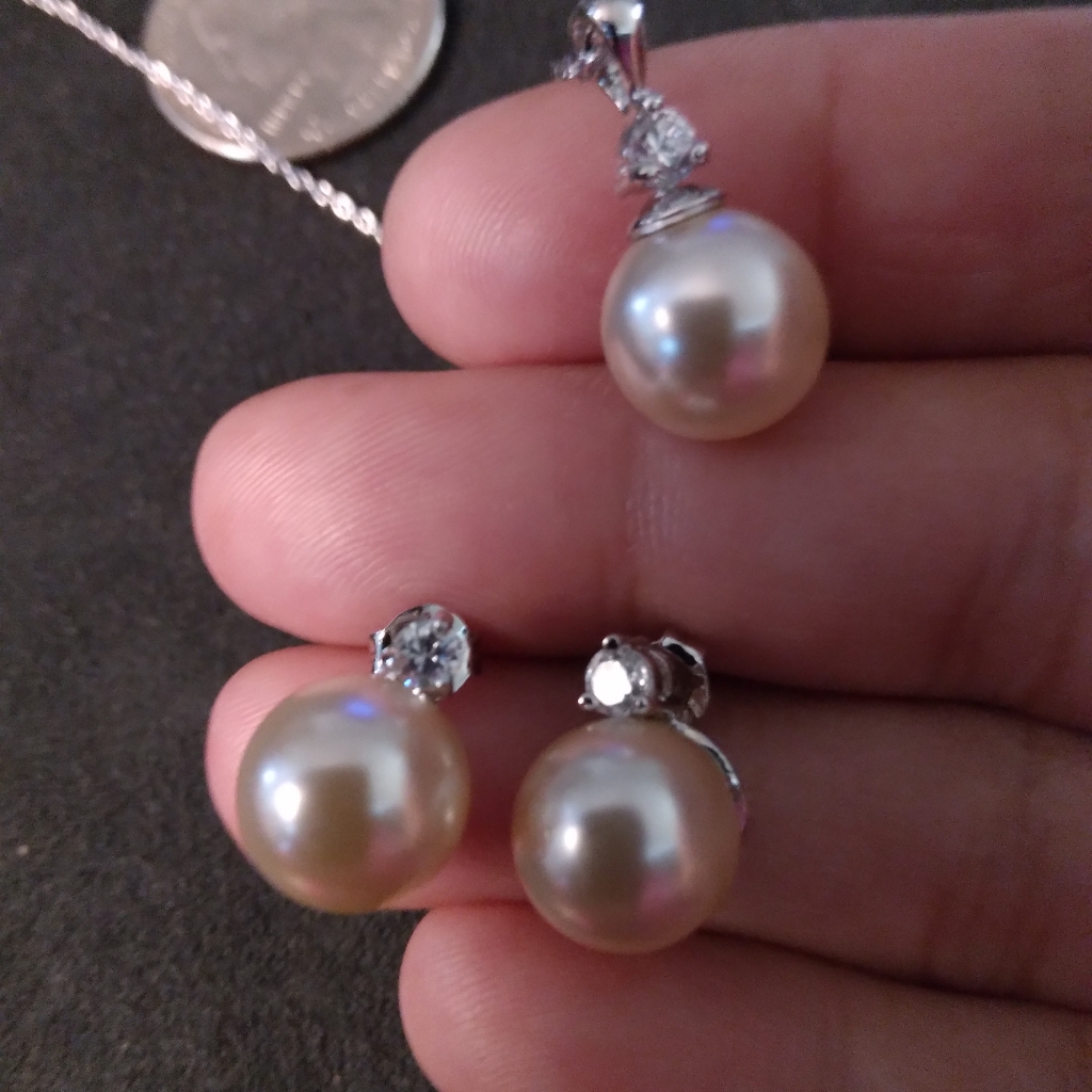 Sale Nwot Sterling Silver Ati 925 Set Necklace Earrings Faux Pearl Cz Stone 20$